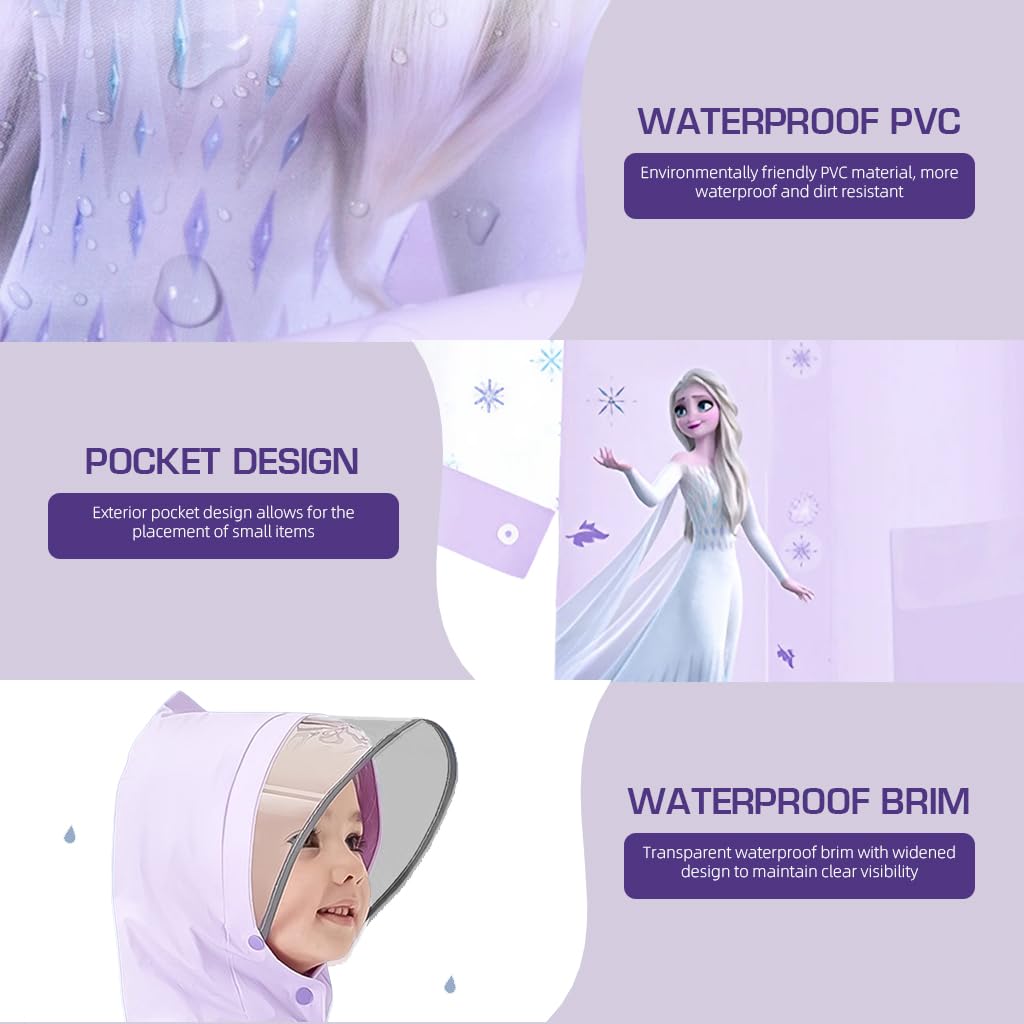 PALAY Raincoat for Girls Cartoon Purple Princess Elsa Print EVA Raincoat Wide Brim Hood Rain Jacket with Backpack Rain Cover Knee Length Long Raincoat for School Girls 9-11 Years Old, Size XXL