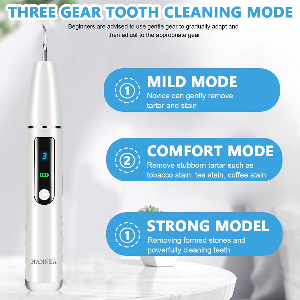 HANNEA Teeth Whitening Kit Electric Tartar Remover with LED, Teeth Stain Remover with 3 Working Modes, Teeth Cleaning Kits With 4 Stainless Steel Bits, Oral Mirror, Home Dental Care