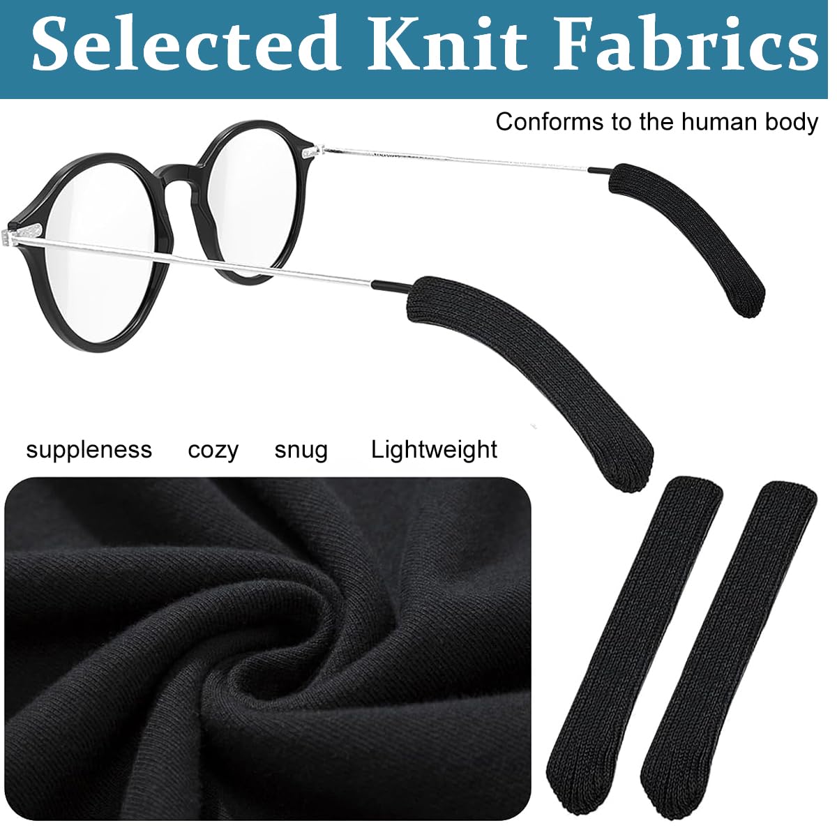 HASTHIP 2 Pairs Glasses Ear Cushion, Anti-Slip Elastic Eyeglasses Temple Tips Sleeve Retainer, Comfort Soft Knitting Fabric Sunglasses Ear Grips for Eyewear - Black