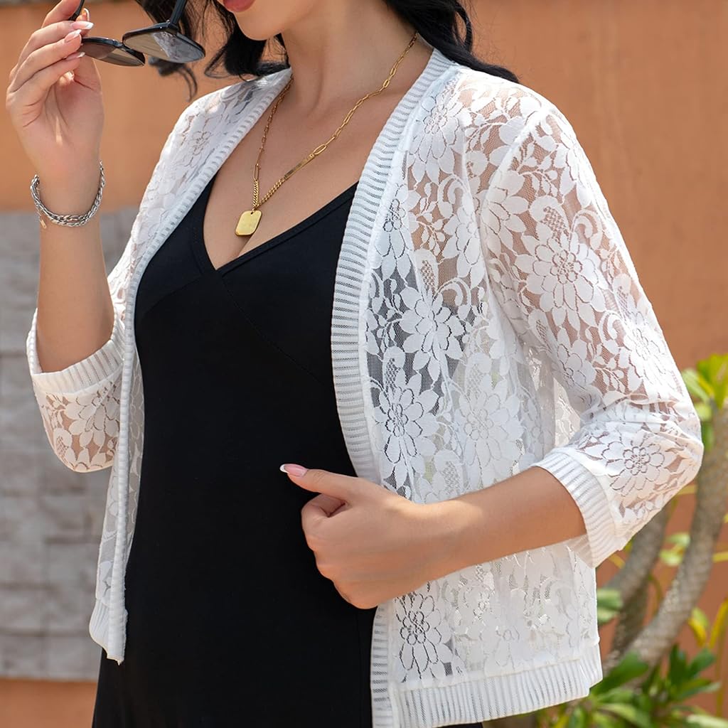 PALAY Womens Casual Summer Lace Cardigan Open Front 3/4 Sleeve Solid Crochet Bolero Jacket Lace Shrug Cover Up