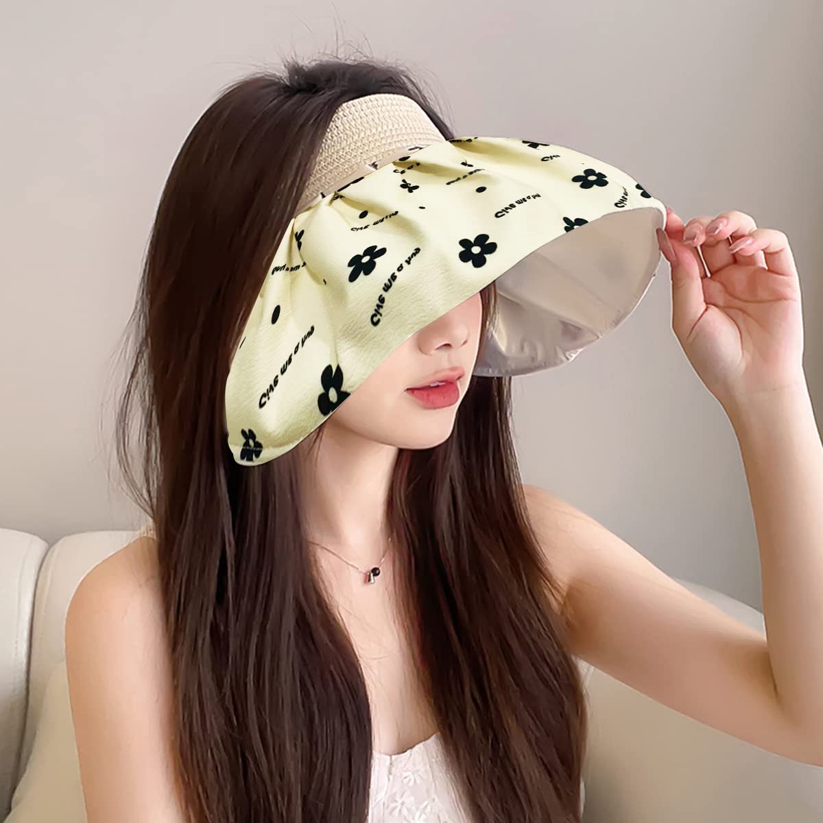 PALAY Sun Hat for Women Foldable Fashion Sun Caps for Women Ponytail Visor Hat Summer Beach Cap, UV Protection Flower Patterns Wide Cotton Brim Woven Straw Headband Hats Beige