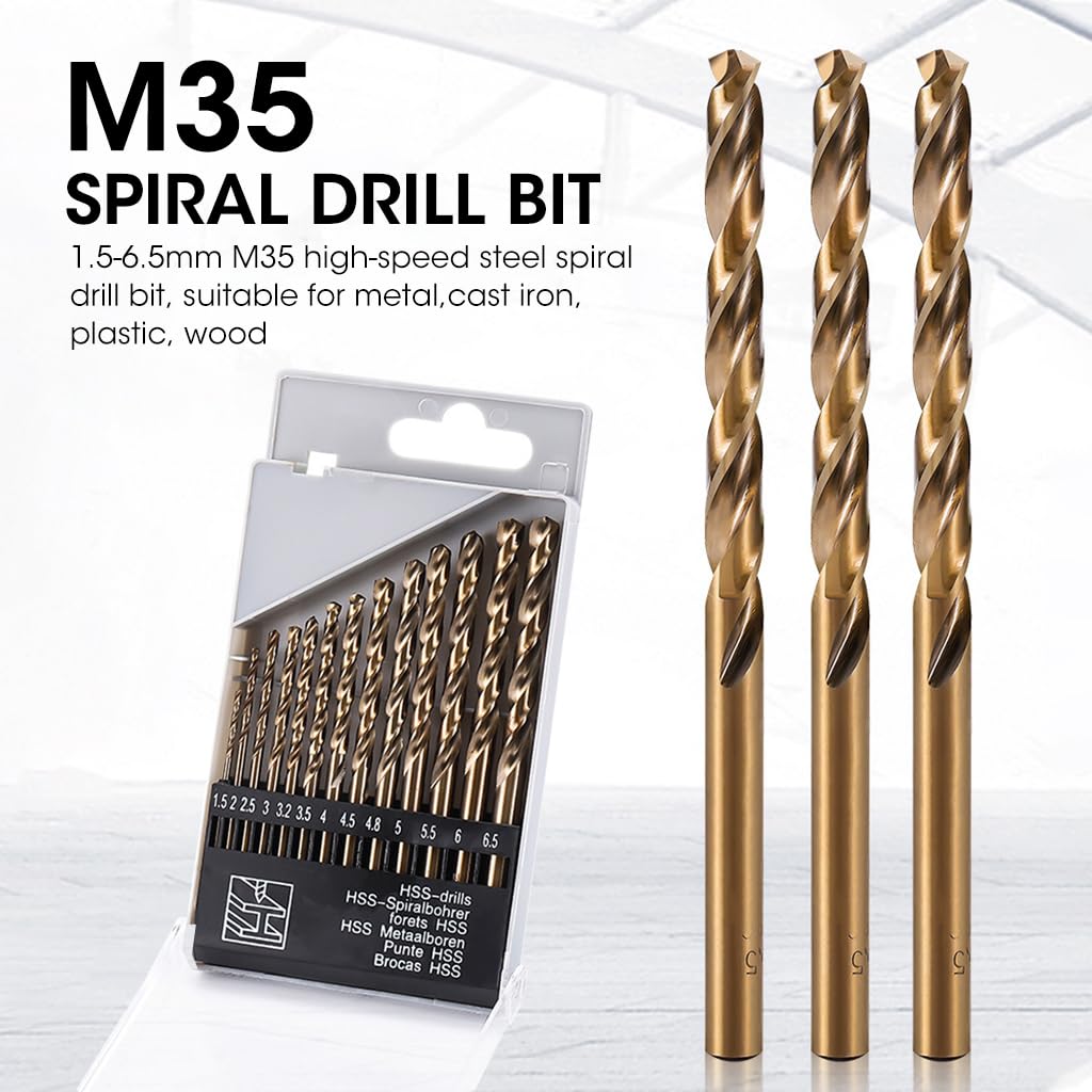 Serplex 13Pcs HSS Twist Drill Bit Set Twist Drill Milling Bits 1.5-6.5mm M35 High Speed Steel Twist Drill Bits 135 Degree Split Point for Stainless Steel, Cast Iron, Hard Metal, Plastic and Wood