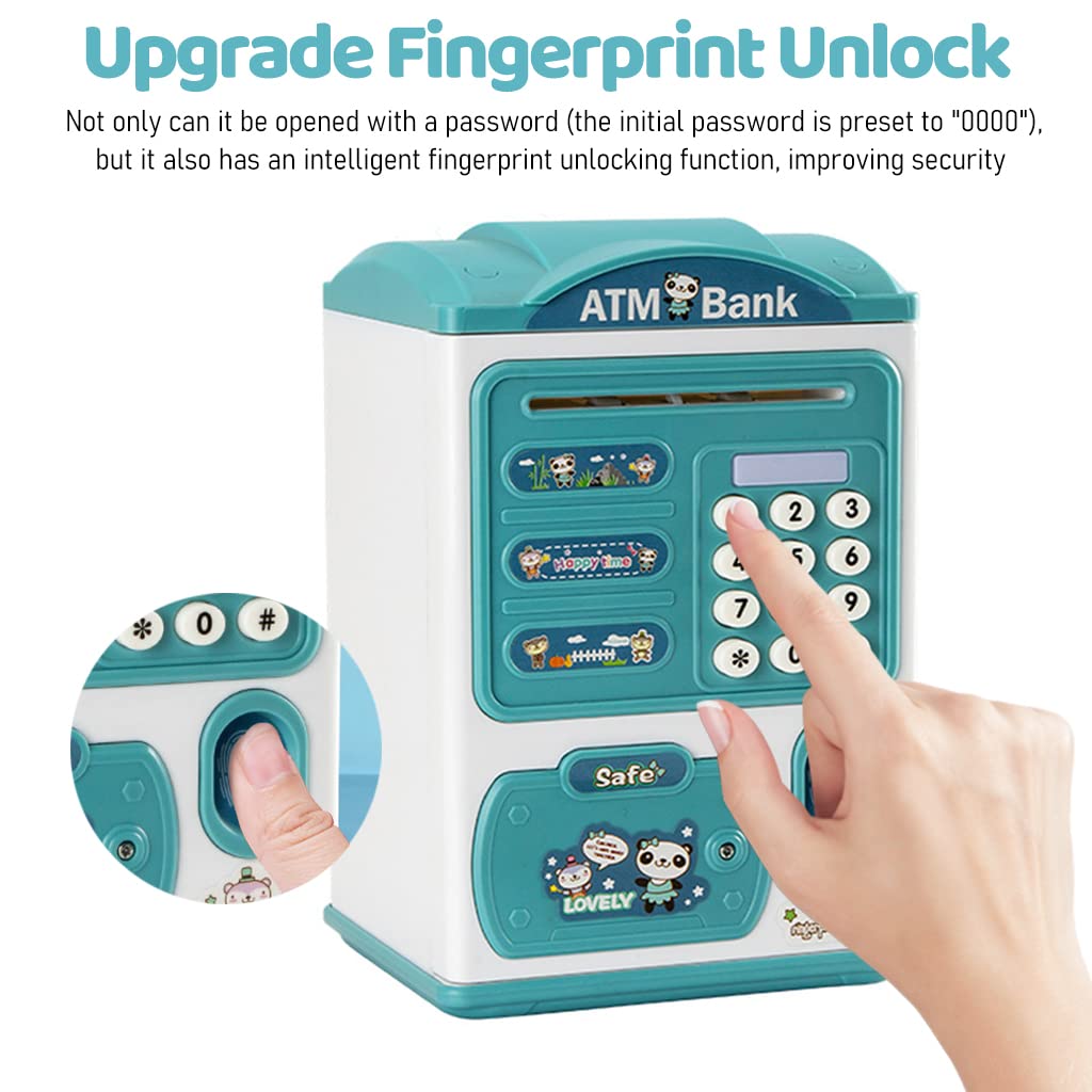 PATPAT Electronic ATM Piggy Bank for Kids, Money Bank with Password and Fingerprint Lock, Automatic Paper Money Saving Box with Music, Gift Toy for Kids Boys Girls Children's Day Gift, Blue