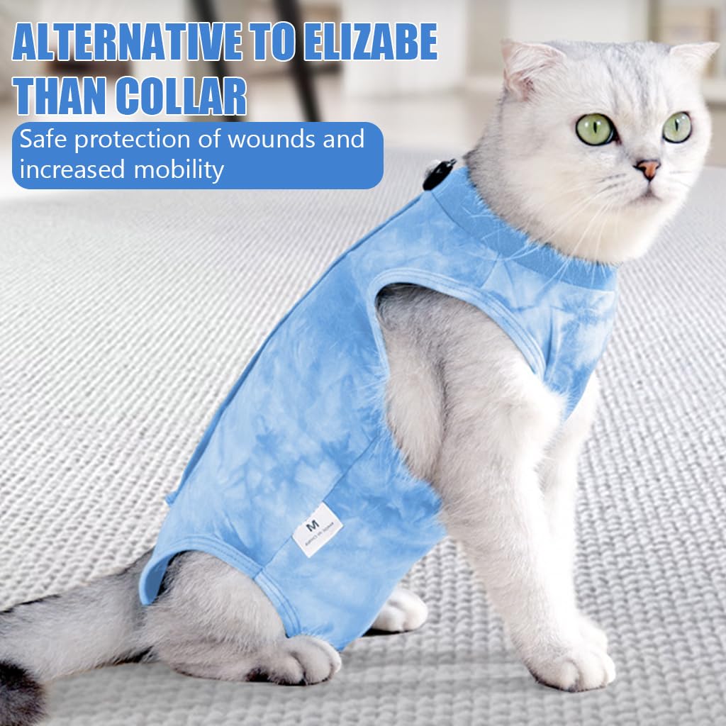 Qpets Cat Clothes, Kitten Clothes for Cats Recovery Suit After Surgery for Abdominal Wounds, Fashion Blue Tie-dye Cat Clothes for Summer Cat Everyday Clothing Sterlization Suit (M, Blue)