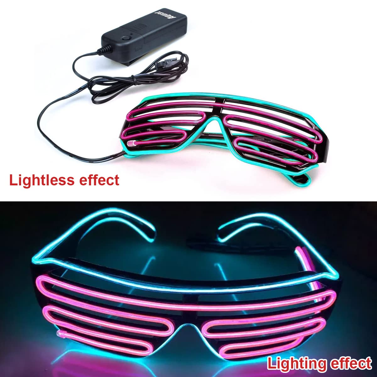 PATPAT Party Glasses, Light Up Flashing Shutter Neon Glasses, Two-Tone Glasses Glow in The Dark for Rave Party, Halloween, Christmas, 3 Light Modes (Blue - Pink)