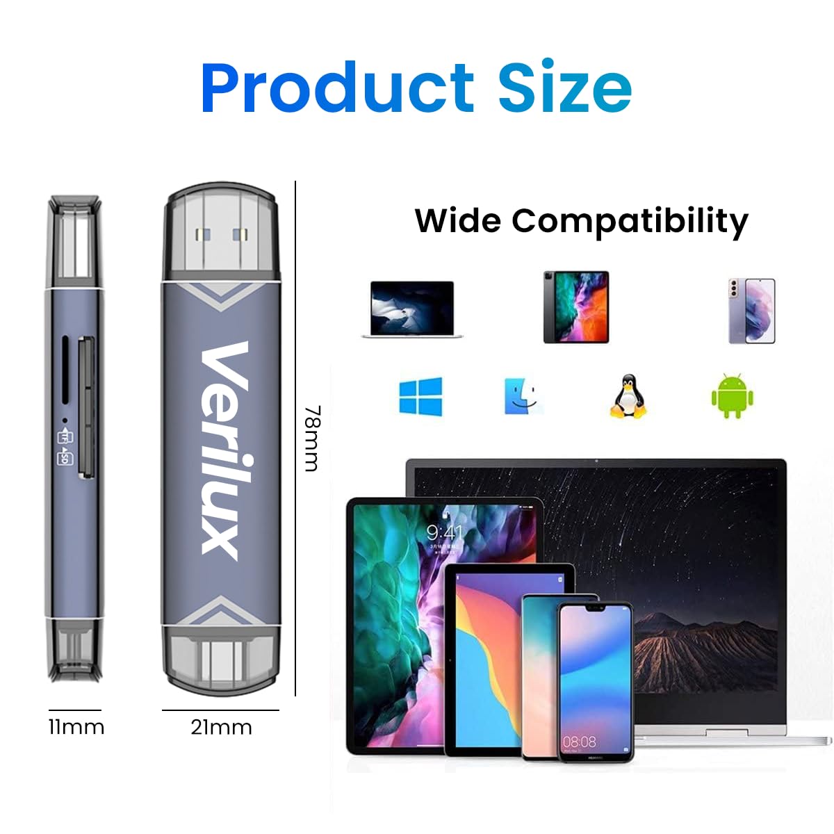 Verilux SD Card Reader Dual Head Type C & USB 3.0 Card Reader Fast Reading Compatible with SD/TF Card Dual Card Slot Design Universal Card Reader Compatible with Phone, Laptop, PC, Tablet