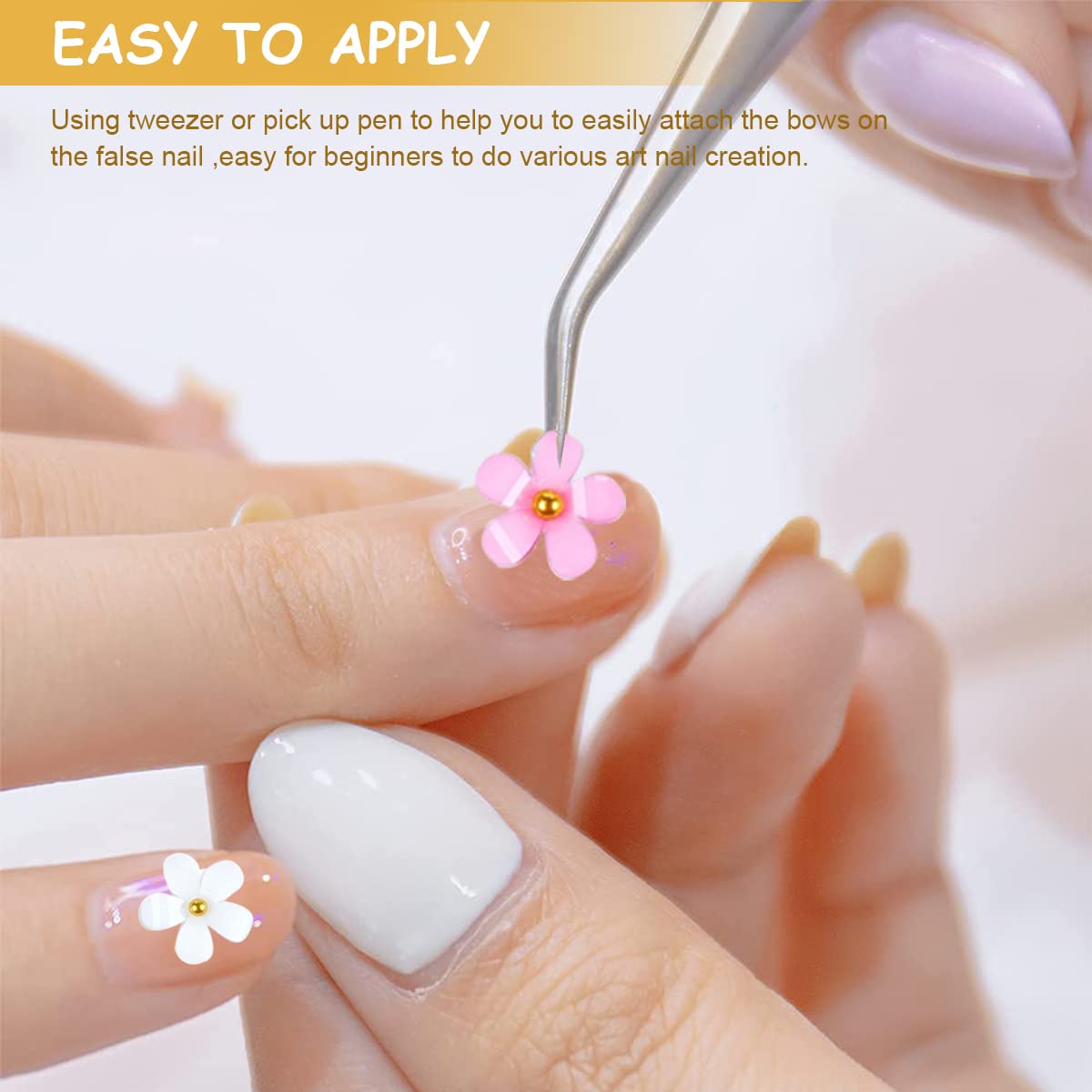 HASTHIP 3 D Flower Acrylic Decals for Nail Charms Art,DIY Manicure Salon Accessories for Women & Girls, 400 Pcs Resin Flower Decals with Golden Beads