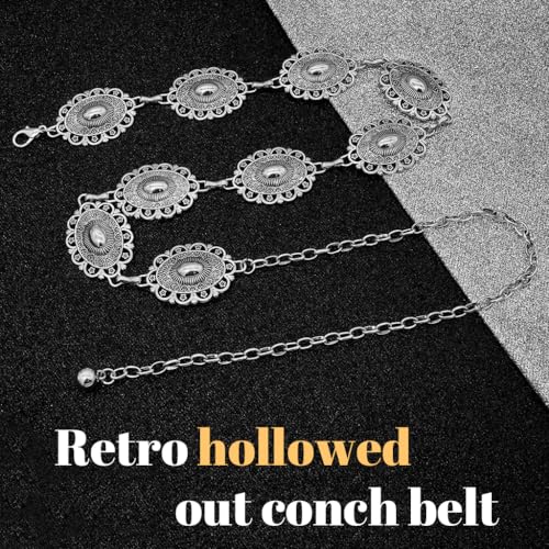 PALAY® Waist Belt for Women Silver Metal Concho Hip Saree Fashion Vintage Chain Adjustable Boho Western Ladies Belts Dresses Jeans Skirts 3PCS