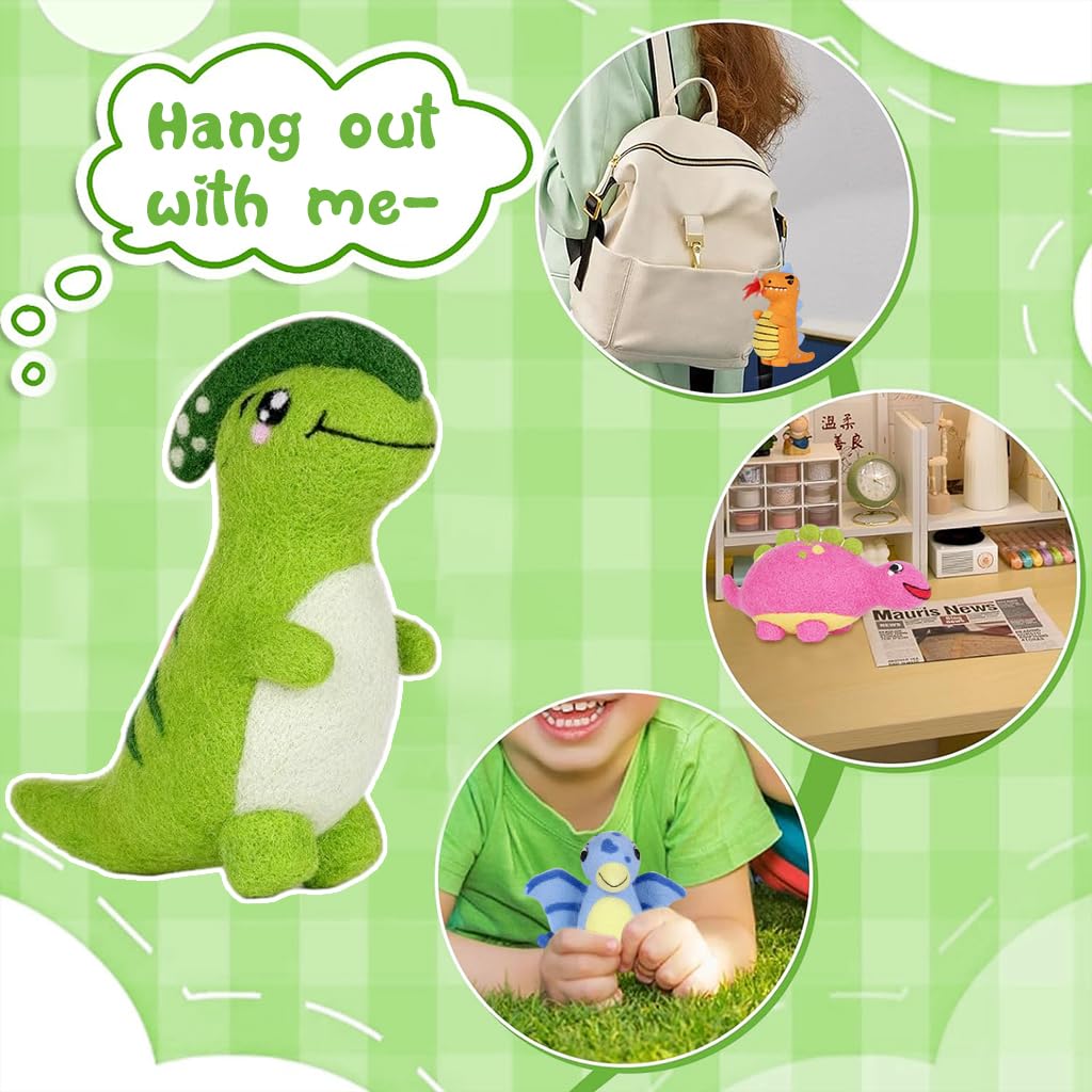 PATPAT DIY Needle Felting Kit 4Pcs Cartoon Dinosaur Needle Felting Kit Color Wool Needle Felting Kit with Tools DIY Crafting Kit for Kids Adults DIY Children's Day Gift