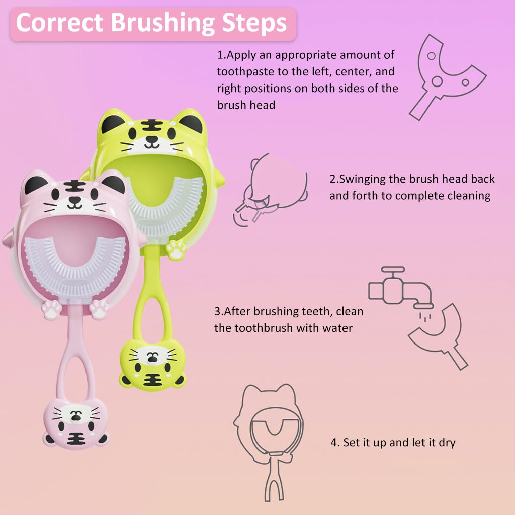 HANNEA 2Pcs Kids Toothbrush U-Shaped Kids Toothbrush for 3-6 Years Old 360° Teeth Cleaning Soft Silicone Bristles Design Toothbrush Dental Care Toothbrush Cartoon Toothbrush with Wall Holder