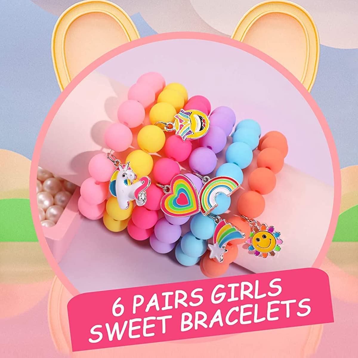 SANNIDHI 6 Pack Beads Bracelets for Kids Pendant Beaded Bracelet for Girls Teen Cartoon Charm Kids Bracelets Matte Candy Color Friendship Bracelets Gift