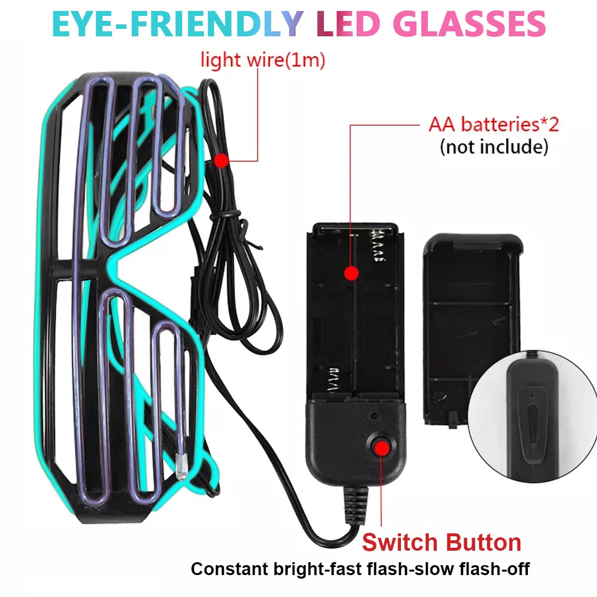 PATPAT Party Glasses, Light Up Flashing Shutter Neon Glasses, Two-Tone Glasses Glow in The Dark for Rave Party, Halloween, Christmas, 3 Light Modes (Blue - Pink)