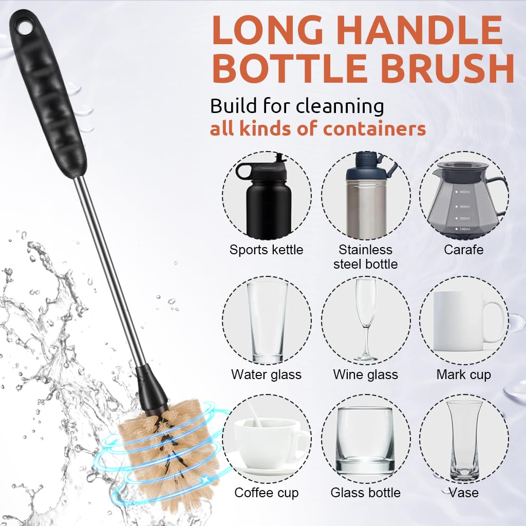 HASTHIP 3 Pcs Bottle Cleaning Brush with Straw Cleaner, Long/Short Handle Bottle Cleaning Brush for Deep Cleaning Water Bottles, Baby Bottles, Coffee Cups (Black)