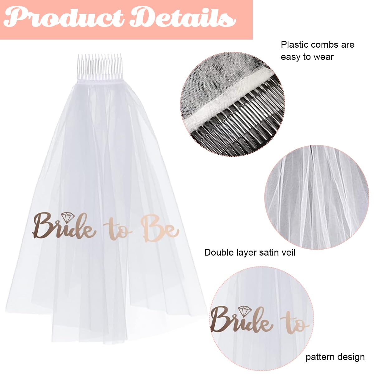 PATPAT 4pcs Bride To Be Decoration Set, Rose Gold Bachelorette Party Decorations Hen Party Bride To Be Decoration Set Combo Bridal Shower Decorations Kit Accessories -Sash, Veil, Headband, Stickers