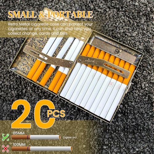 GUSTAVE Metal Cigarette Case with Flameless Coil Lighter 2 in 1 Vintage Metal Embossing Cigarette Case for 20Pcs Standard Cigarettes USB Rechargeable Coil Lighter Gift for Men