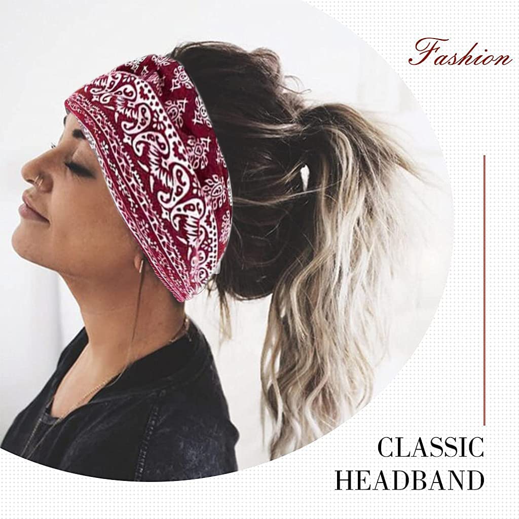 Proberos 2Pcs Gym Headbands Bohemian Headbands for Women Men, Stretch Wide Hair Bands Stylish Yoga Sweatband for Workout, Running, Tennis, Badminton, Marathons, Cycling, Black+Red+Blue
