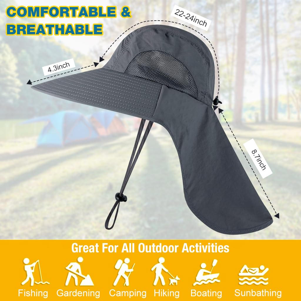 GUSTAVE Sun Hat for Men, Fashion Wide Brim Hat UV Protection Cowboy Hats Neck Flap Design & Adjustable Windproof Chin Strap Sun Hat Unisex Sun Hat Breathable Sun Hat for Hiking, Fishing, Gardening