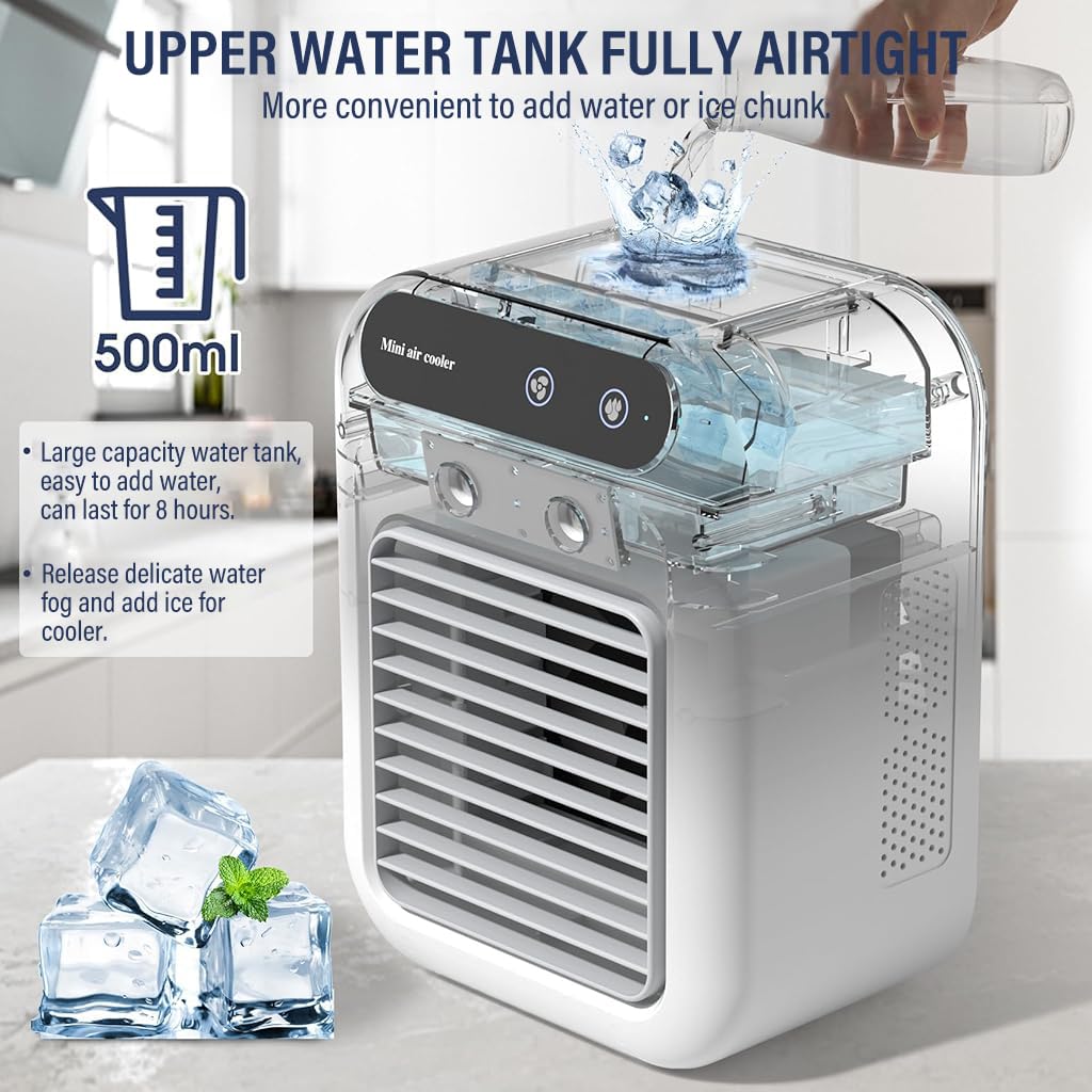 Verilux Portable Table Fan with Mist Humidify, Desk Cool Misting Fan Air Conditioner with 500ml Water Tank, 2 Speeds Low Noise 20dB, Mini Air Conditioner for Bedroom, Car, Office, 6.2x8.3 Inches
