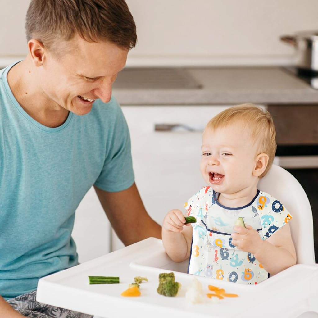 SNOWIE SOFT Sleeveless Baby Bib with Pocket Summer Toddler Bib Washable and Lightweight Waterproof EVA Baby Bib Tie Back Cartoon Print Toddler Bibs for Baby 6-24 Months