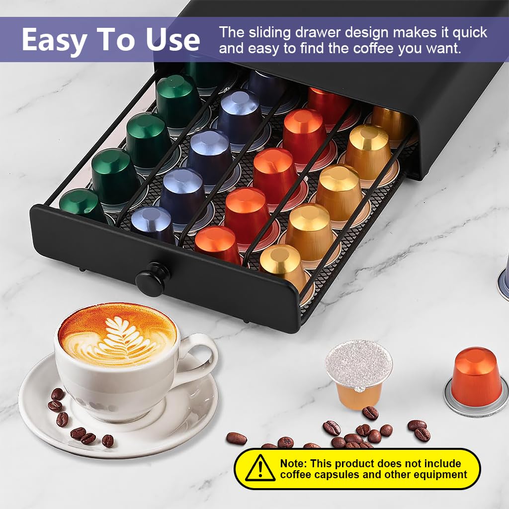 Supvox Coffee Pod Organizer Ne-spresso Pods Organizer Drawer Organizer Holder for 40 Pack Coffee Pod Dustproof Coffee Pod Sliding Drawer Kitchen Counter Coffee Pod Organizer Black