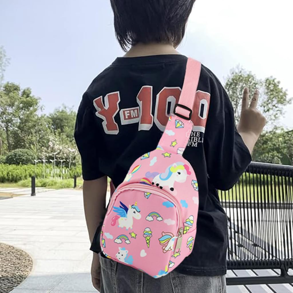 PALAY Kids Chest Bag Pink Unicorn Chest Bag for Kids Outdoor Travel Bag Cartoon Print Nylon Crossbody Bag for Kids Snack Bag Shoulder Bag for Girls