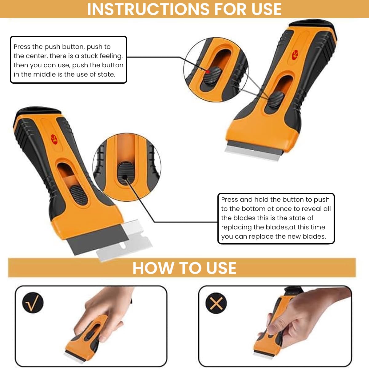 Serplex Razor Scraper Glue Remove Tool Razor Scraper with 5 Razor Blades Intergrated Blade Storage Design Safe Retractable Glue Removal Scraper for Removing Stickers, Labels on Wall, Glass, Tiles