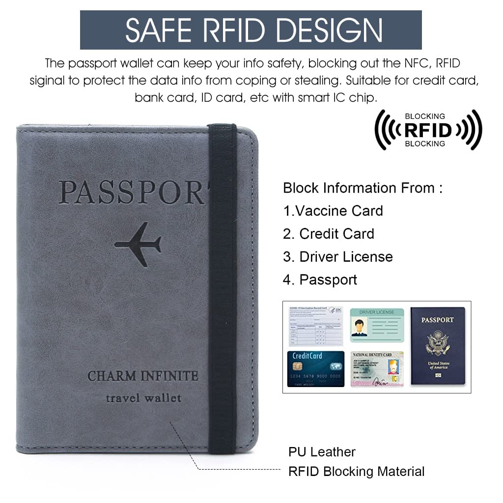 ZIBUYU Passport Cover for Men, Women Travel Stylish PU Leather Passport Holder for Women and Men RFID Wallet Cover Card Holder Passport Case Bag Card Holder Passport Case Cover for Women & Men - Grey