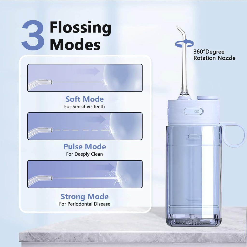 HANNEA Rechargeable Water Dental Flosser Retractable 180ml Dental Cleaner High Frenquency Water Dental Flosser with 3 Modes, 5 Jet Tips, 90s Timing Function, IPX7 Waterproof Water Dental Cleaner