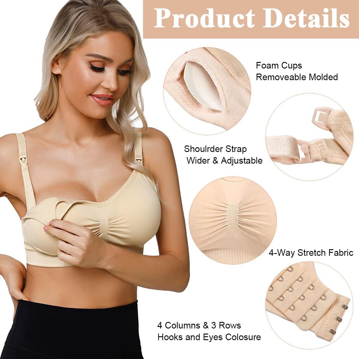 PALAY Breastfeeding Bra Nursing Bra for New Moms Easy Release Clasp Design Breathable Nylon Nursing Bra Detachable Bra Cups Seamless Breastfeeding Bra, Beige, XL
