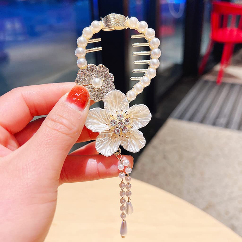 PALAY Tassel Hair Bun Accessories for Women, Pearl Flower Hair Bun Clips, Trendy Hairstyle Claw Hair Clips for Buns, Metal Rhinestone Bun Holder for Party or Daily Use