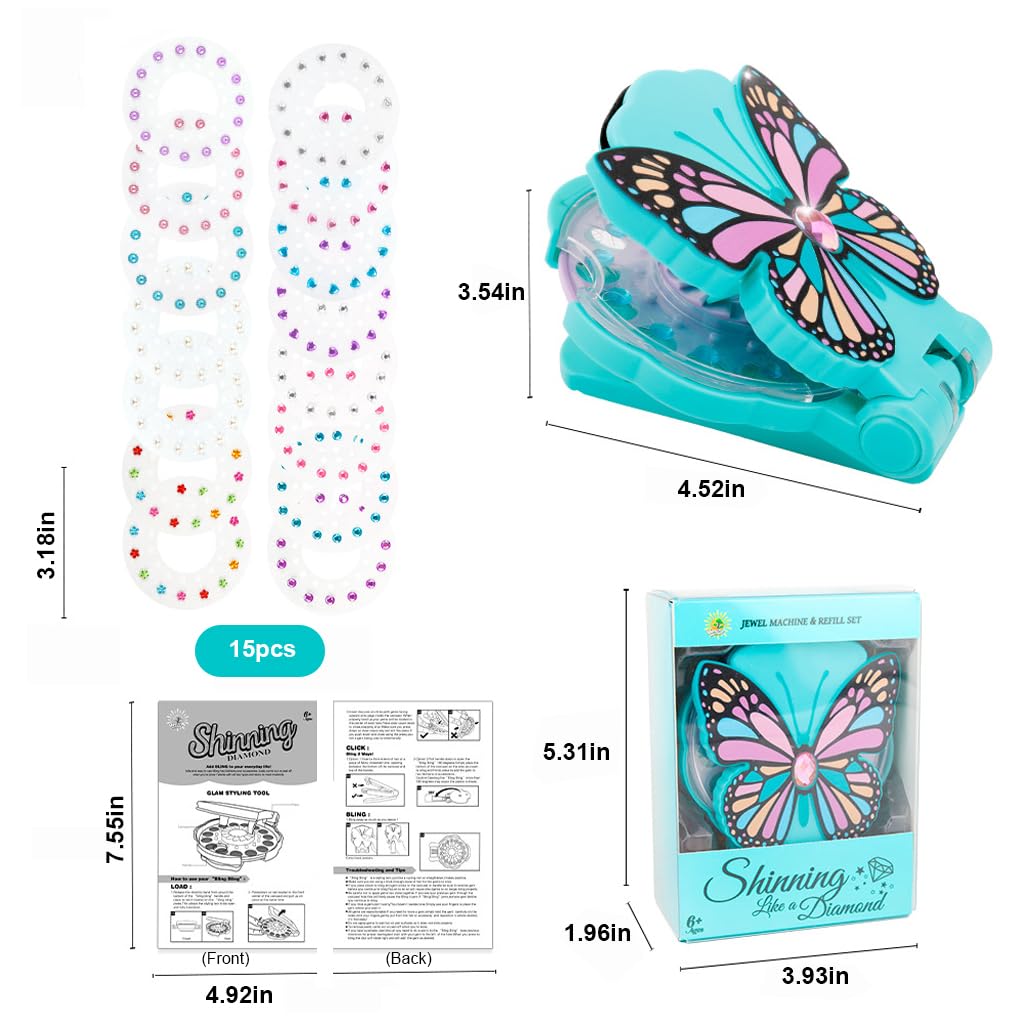 PATPAT Girls Hair Gems Stamper Butterfly Hair Gem Stapler Kit with 15pcs Color Gem Patches, Stylish Quick Rhinestone Gem Stamper for Hair Women Kids Girls Party Hair Styling Tool