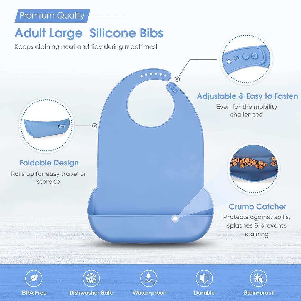 HANNEA Silicone Adult Bibs 2PC Set, Waterproof & Durable Adjustable Bibs with Large Leakproof Pocket, Washable Food-Grade Bibs for Elderly, Disabled, Seniors, Dining & Travel Use, 14x21 Inches