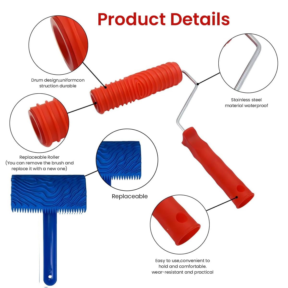Serplex 8Pcs Paint Roller Tool Kit Spiral Grain Paint Roller Tools Cross Grain Paint Roller Tools Spray Paint Graining Tools Multi Sizes Rubber Graining Roller Tools for Wall, DIY Wooden Craft