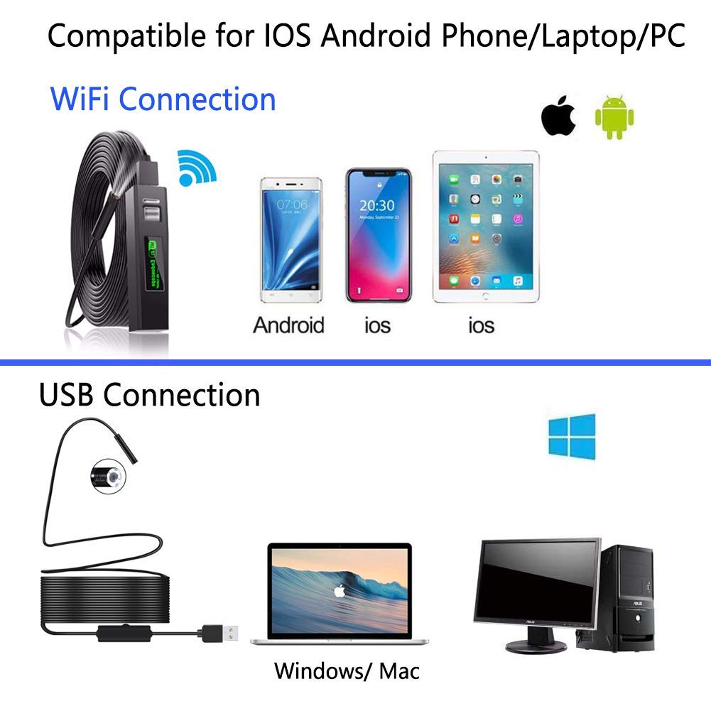 Verilux Endoscope Camera Wireless Endoscope 1200P HD Inspection Camera Premium IP67 Waterproof WiFi Borescope with Flexible Rigid Cable for Android iOS iPhone Samsung Smartphone PC 5 Meters Cable