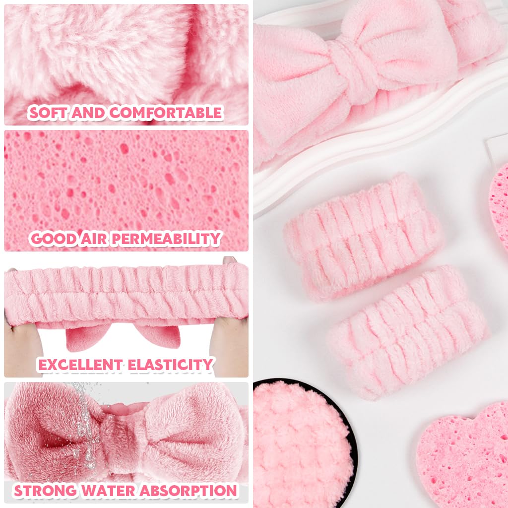 MAYCREATE 9Pcs Face Wash Kit Face Wash Sponge Pads Pluffy Makeup Remover Pad Pink Bow Face Wash Headband Soft Microfiber Wristband Facial Cleaning Set Facial Supplies