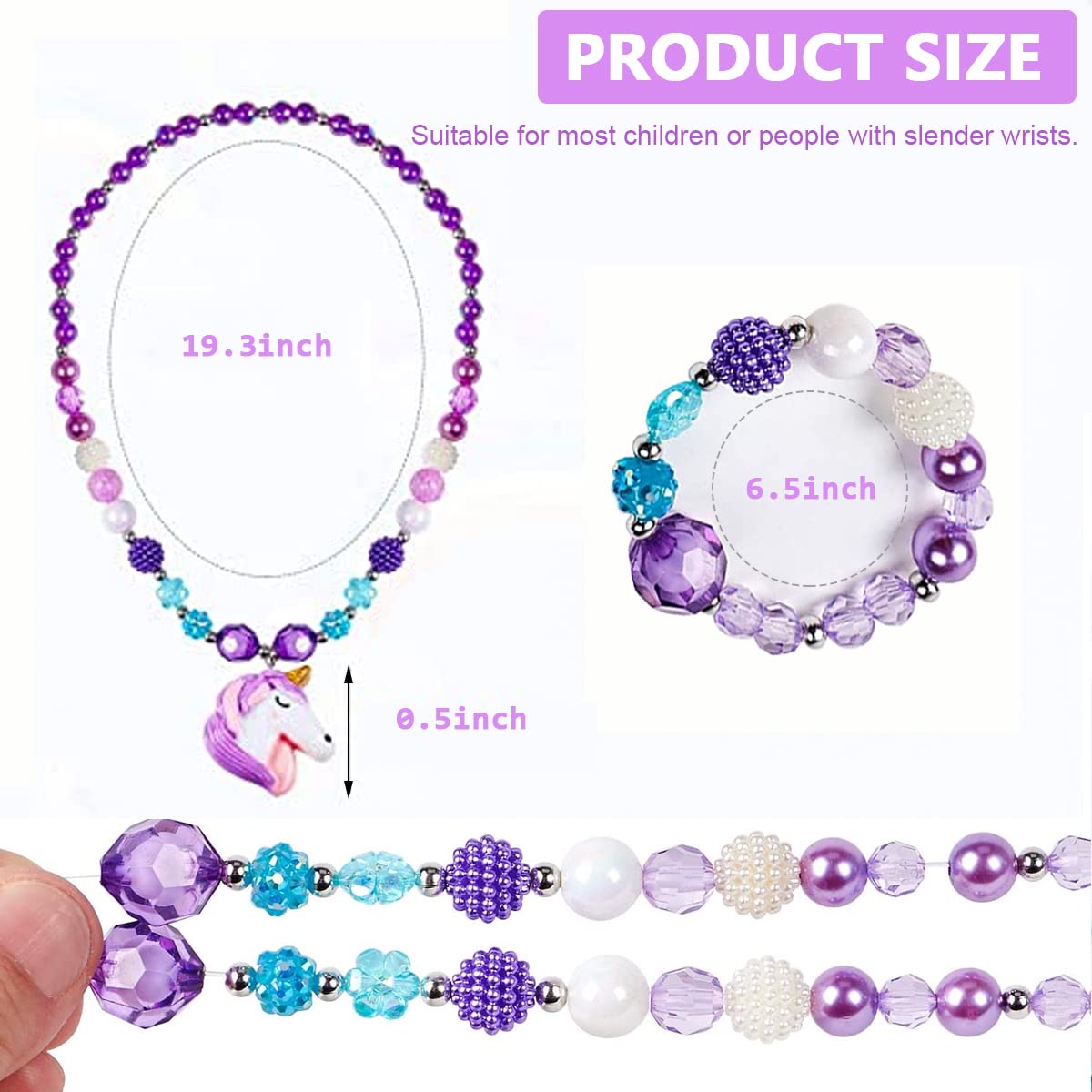 SANNIDHI® Set of 3 Necklace Bracelet Set for Girls Princess, Unicorn Mermaid Rainbow Charms Beads Necklaces Stretchy Chunky Jewelry Kit for Toddlers Kids Dress Up Costume Party