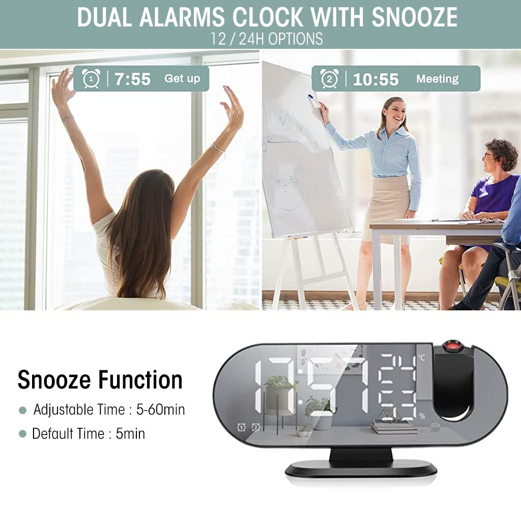 HASTHIP Projection Alarm Clock, 8.2 inch LED Mirror Digital Alarm Clock with USB Port, 180° Rotable Projector, FM Radio, Temperature & Humidity Display, 12/24H, Dual Alarm, Snooze, 3 Dimmer (Black)