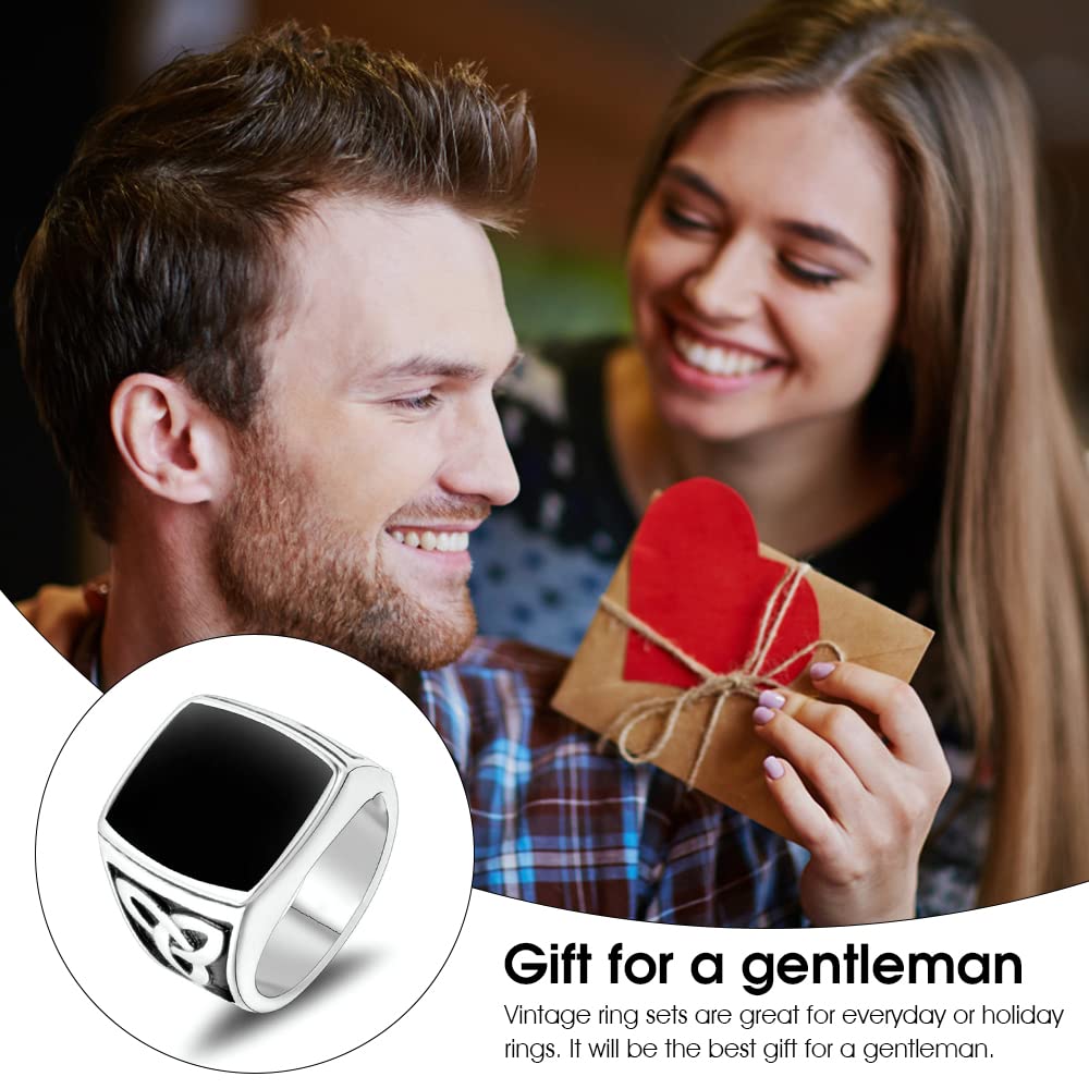 SANNIDHI Titanium Steel Ring for Men with Gift Box,Vintage Carving Pattern Rings Wide Signet Ring Silver,Diameter 18.1(No.8)