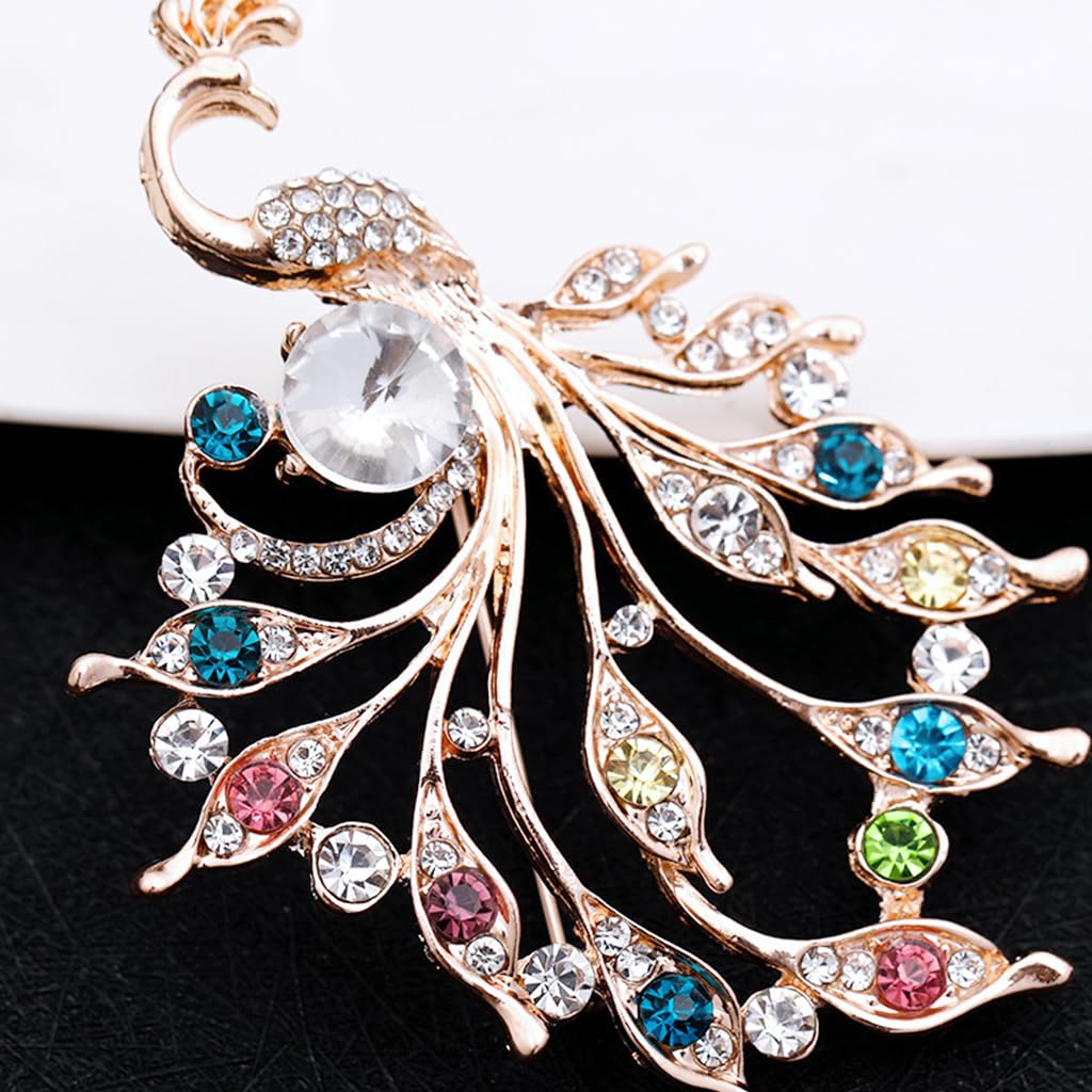 SANNIDHI Peacock Brooch Luxury Women Jewelry Brooch Sparkling Color Rhinestone Peacock Brooch Golden Rose Electroplated Alloy Peacock Brooch Women Jewelry Gift Evening Banquet Jewelry Brooch, 5x7cm