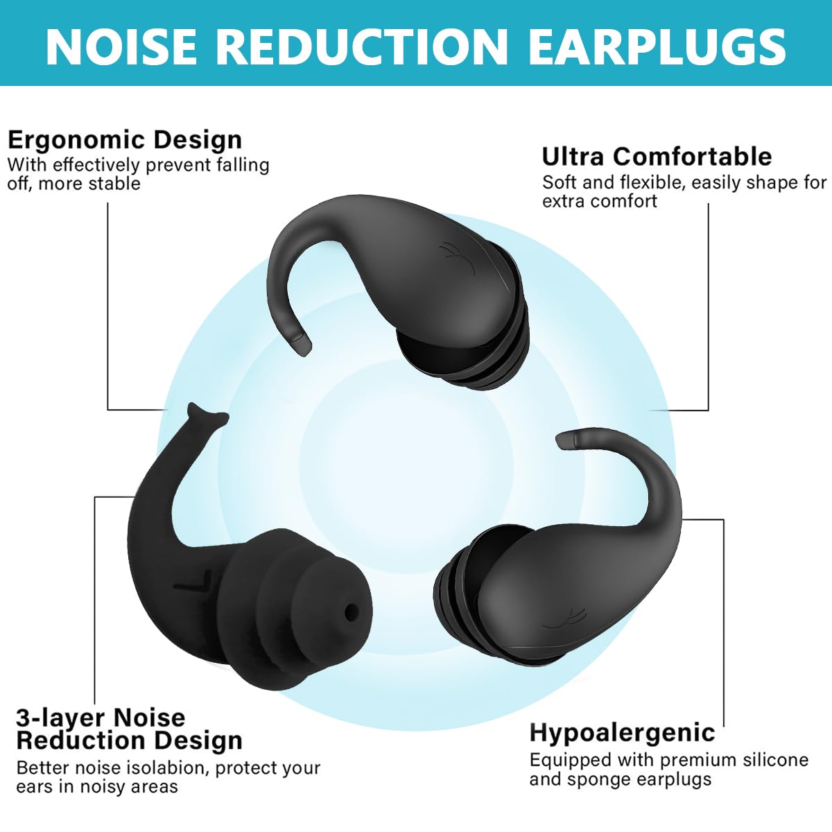 HANNEA Ear Plugs for Sleeping, Reusable Silicone Earplugs for Hearing Protection, Noise Cancelling Ear Plugs for Sleeping, Concerts, Motorcycle, Work (Black)
