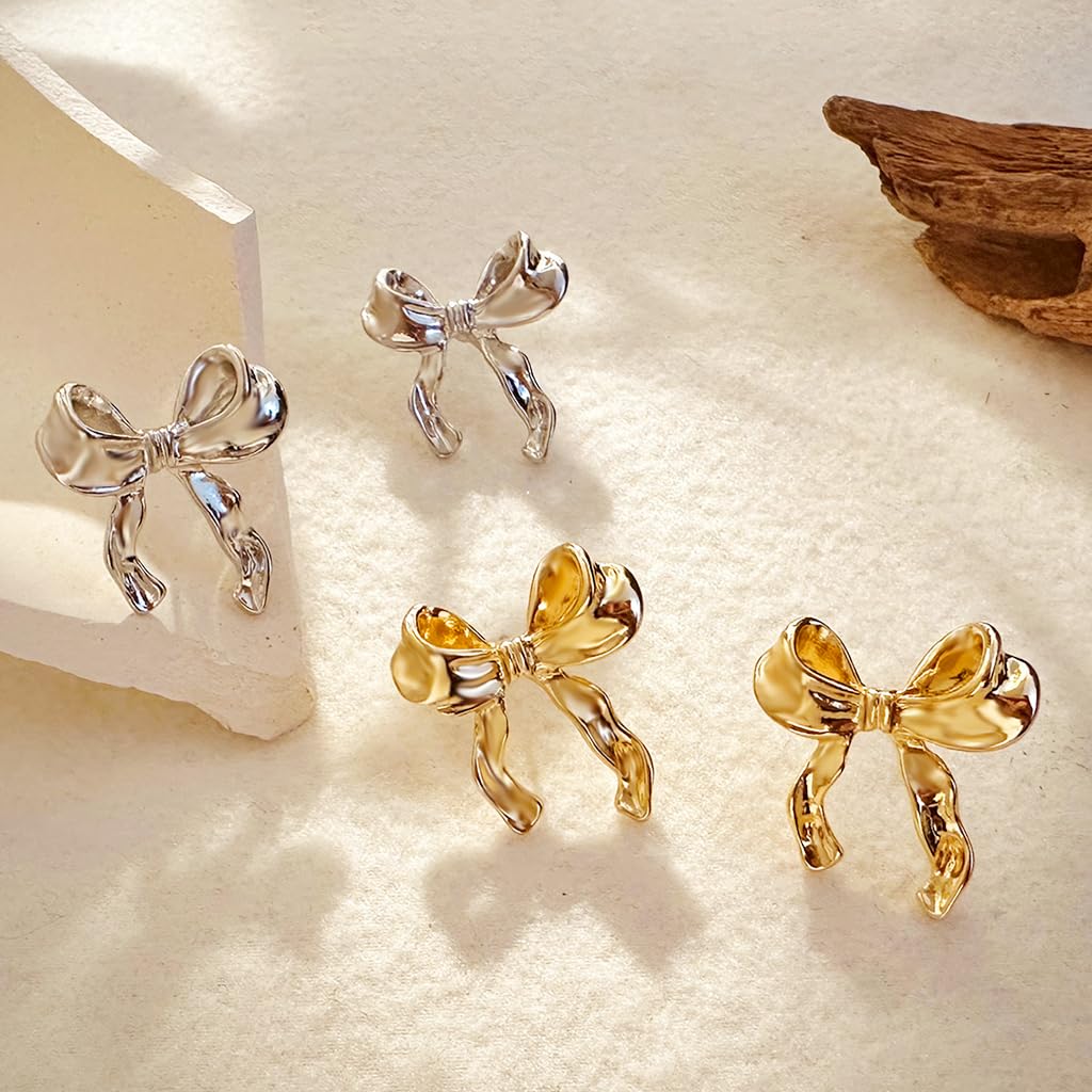 SANNIDHI 2 Pairs Bow Earrings for Women Fashion Girls Stud Earrings Elegant Metal Bowknot Studs Earrings for Women Jewelry Gift - Gold & Silver