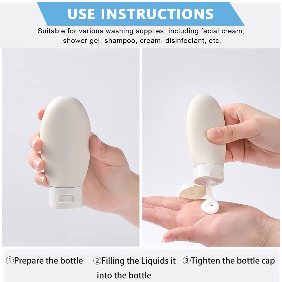 MAYCREATE 3pcs Travel Bottles for Toiletries, 60ML Refillable Plastic Containers with Lid Small Leak Proof Empty Squeeze Bottles Kit for Toiletries, Cream, Gel, Shampoo, Lotion Dispenser