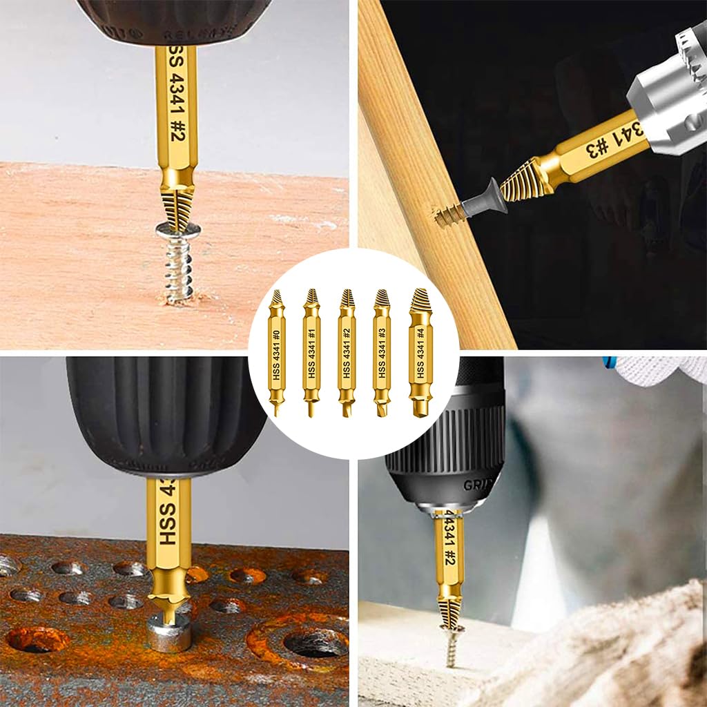 Serplex 5Pcs Screw Extractor High Speed Steel Dual Head Screw Extractor 5 Sizes Screw Extractor for Damaged Screws Nuts & Bolts Drill Bit Tools for Easy Removal of Rusty & Broken Hardware
