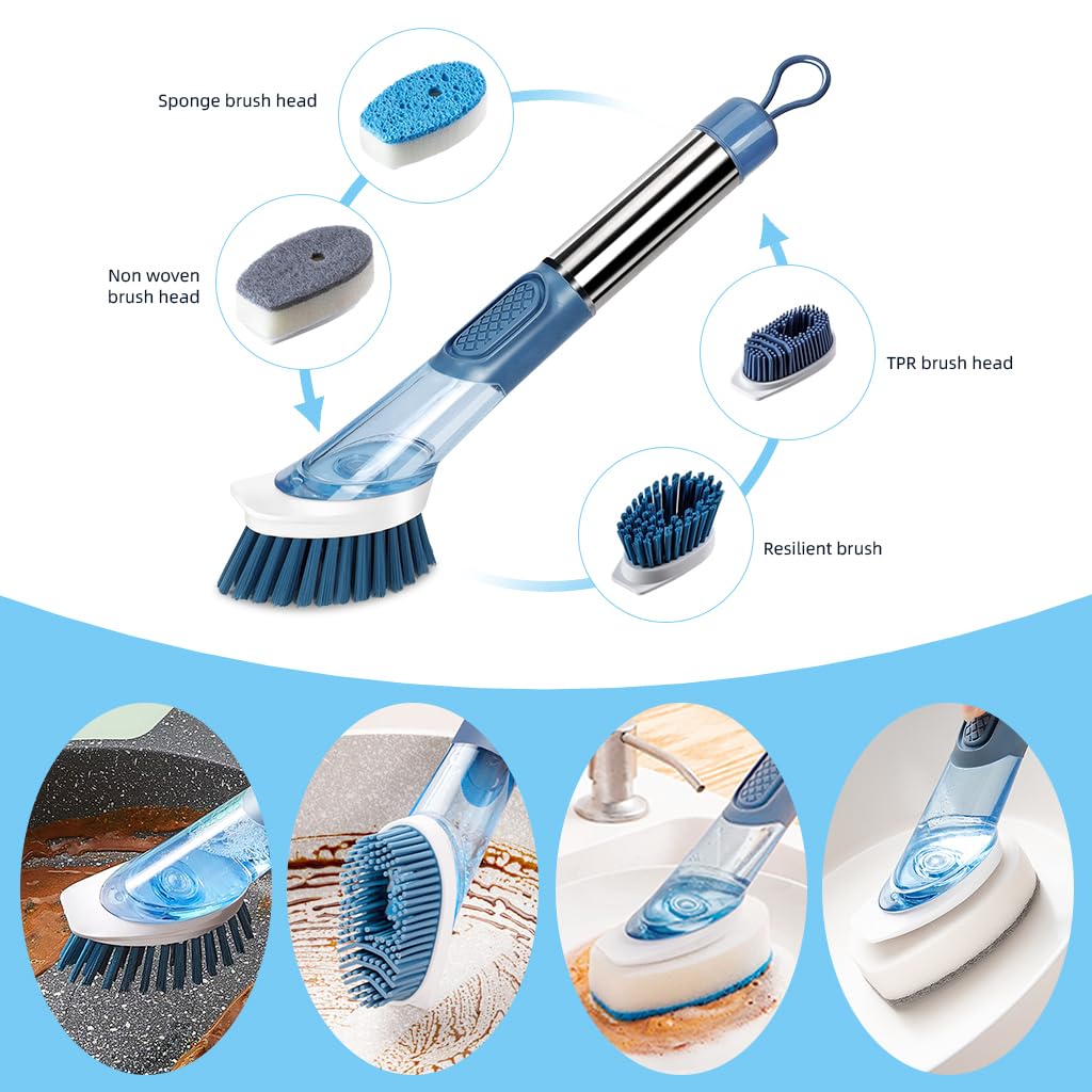 Serplex 4 in 1 Dish Washing Scrubbers with Tray Holder Multipurpose Dish Cleaning Brush with Cleanser Dispensing Dish Cleaning Brush Non-Scratch Kitchen Cooker Cleaning Scrubbers for Pan, Pot, Sink