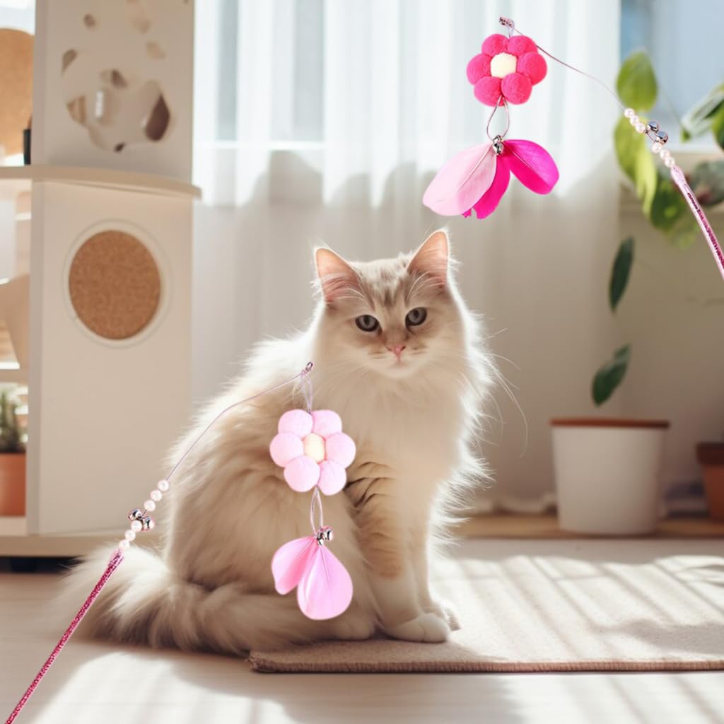 Qpets Pet Toys for Cats, 2PCS Interactive Cat Toys for Persian Cat, Pink Cat Teaser Toy for Cats to Play Flower Feather Wands with Bell Feather Stick Teasing Toy