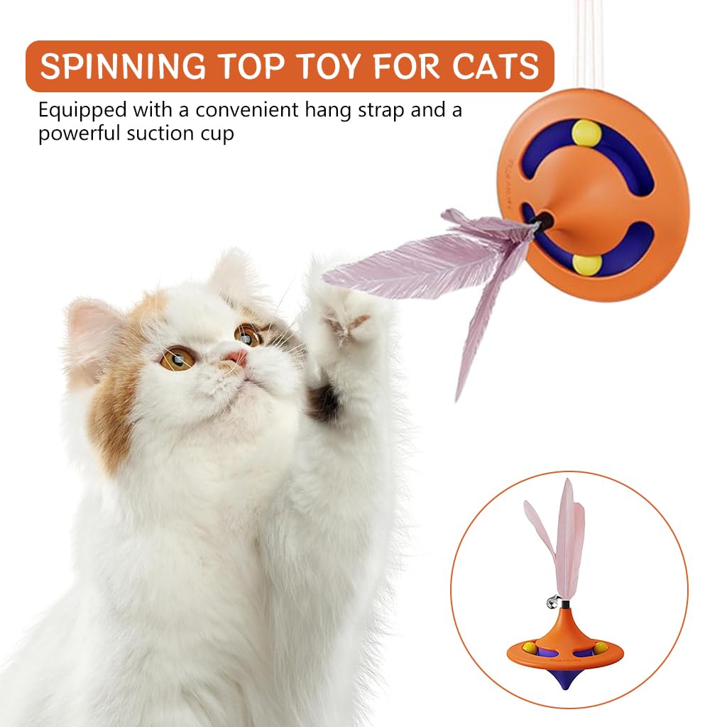 Qpets Cat Toys for Kids, Interactive Cat Toys for Persian Cat, Cat Toy for Indoor Cats Feather Teasing Toy, Rotatable Spinning Top Cat Turntable Toy with Suction Cup & Hanging Feather