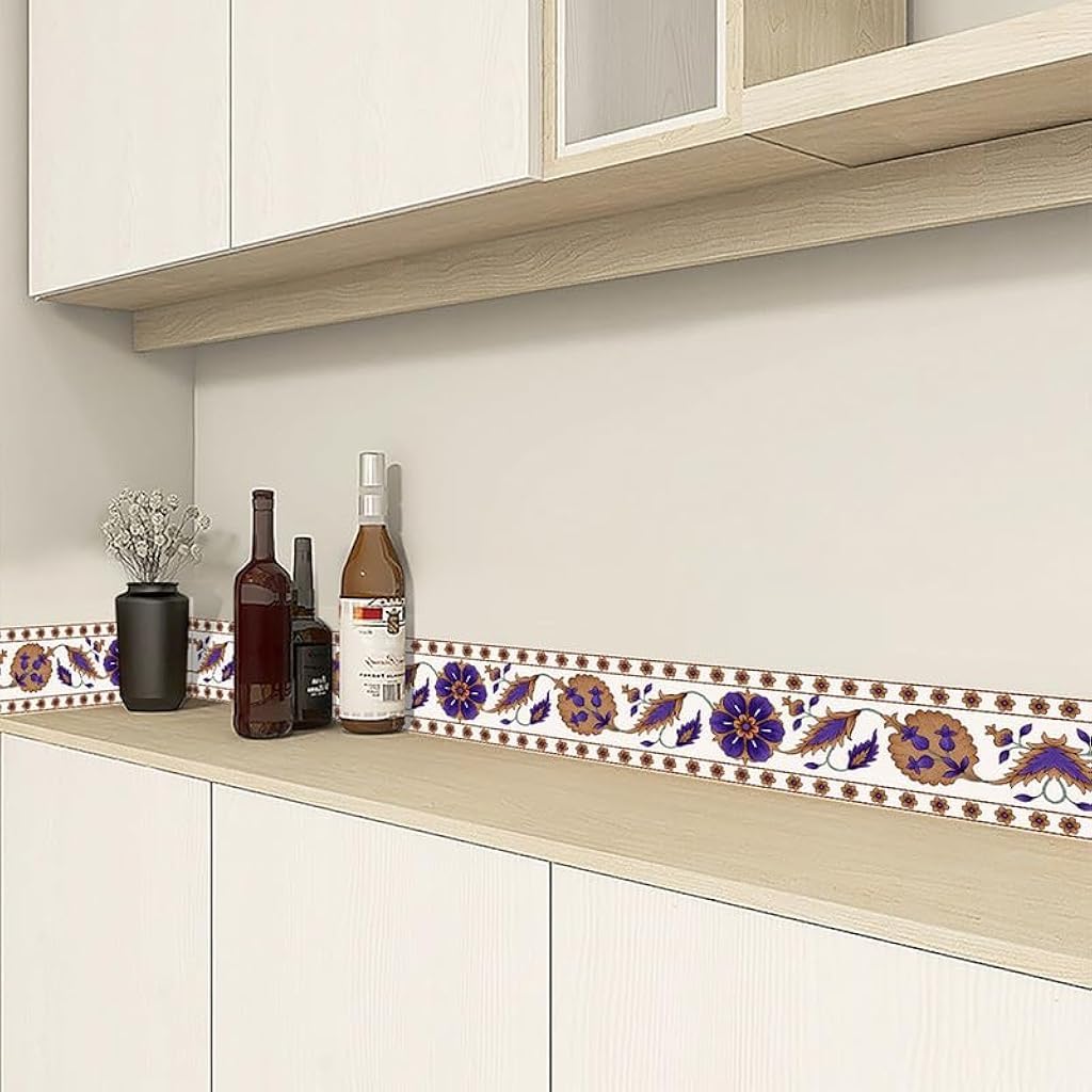 HASTHIP Wallpaper Border Peel and Stick Wall Border Sticker, Decorative Edge Strip Waterproof PVC Self Adhesive Floral Wallpaper Border for Home, Bathroom, Living Room (94.4 X 3.9 Inch Roll)