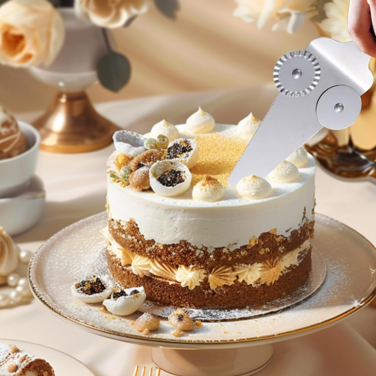 HASTHIP Pizza Cutter Wheel 2 in 1 Stainless Steel Pizza Shovel, Dual Wheel Design Pizza Cutter Cake Shove, Dishwasher Safe, Perfect for Cakes & Desserts, Dishwasher Safe
