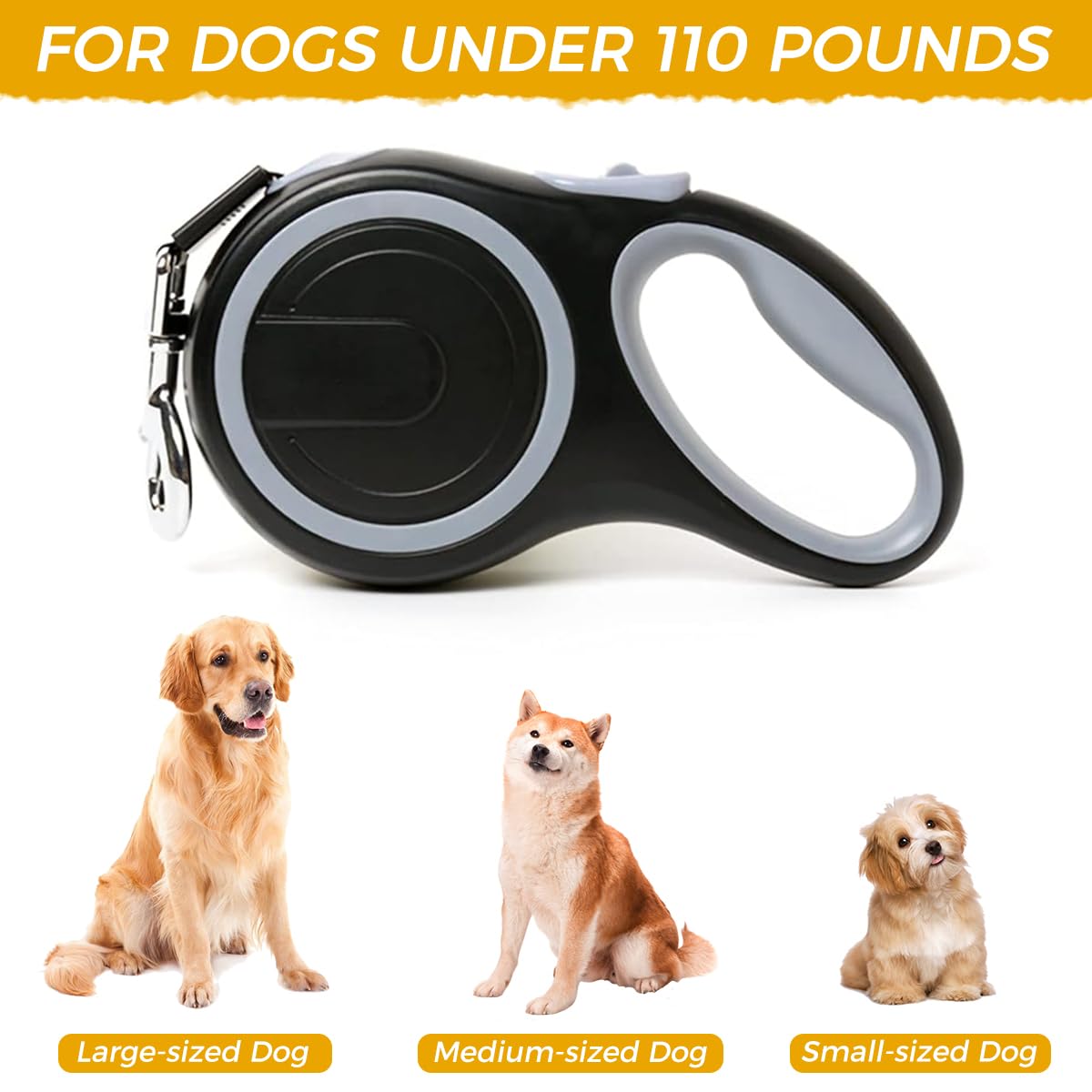 ZIBUYU Retractable Dog Leash 16 Feet Ergonomic Long Leash for Dog and Cat Anti-Slip Handle Quick Release Buckle, One Button Lock & Release, Dogs Leash Flexi for Small to Large Dogs Up to 50kg - Black