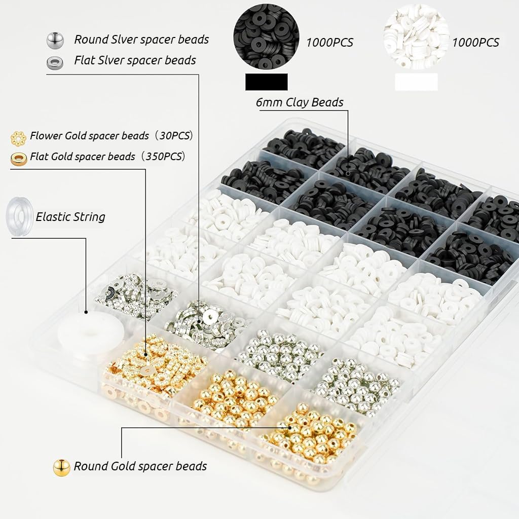 SANNIDHI® 2500+ Clay Beads for Bracelet Making, Bracelet Beads Set, White & Black Clay Beads for Jewellery Making, Polymer Clay Beads with Gold Silver Spacer Beads Kit for DIY Necklaces
